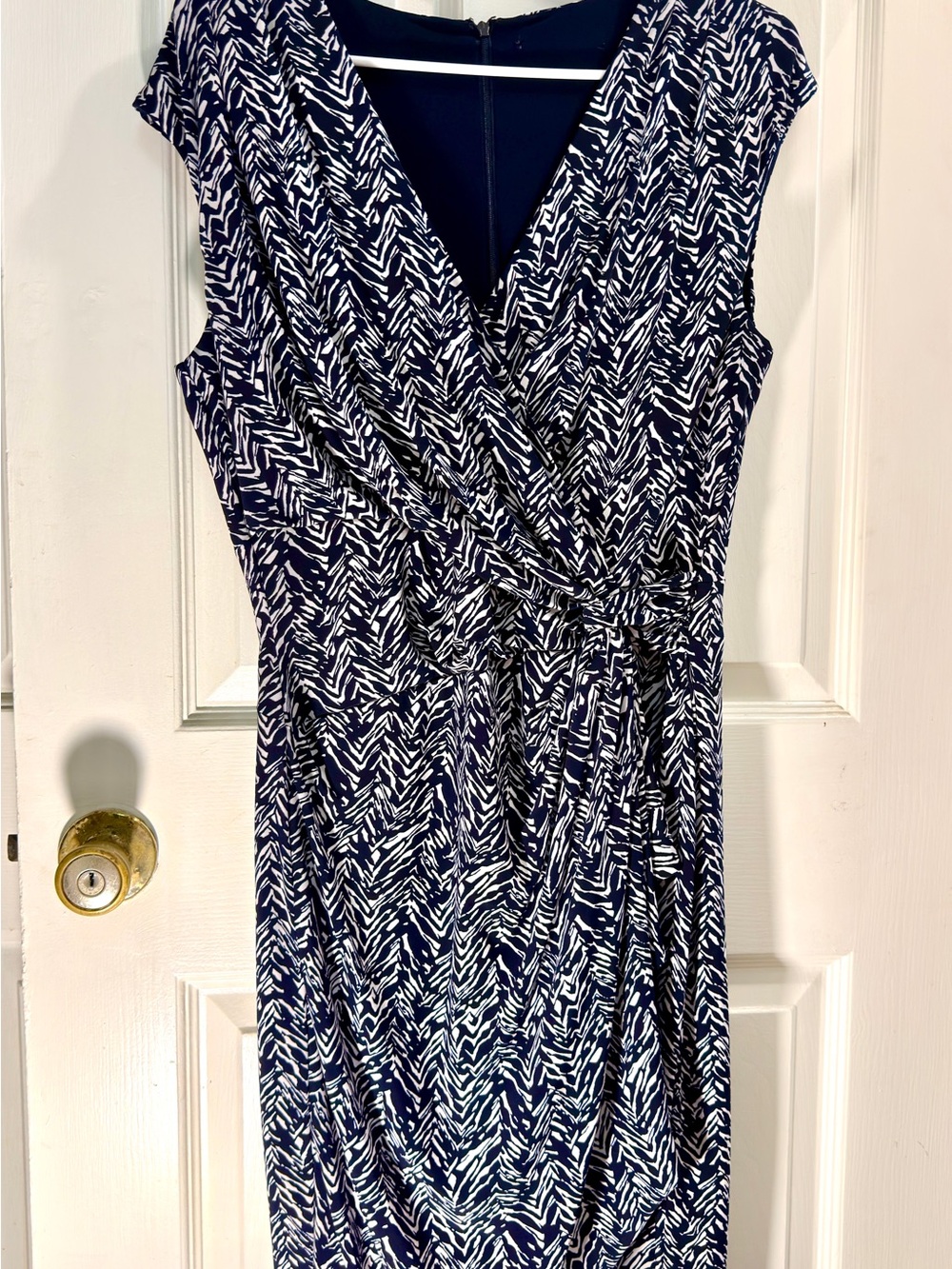 Dark Blue & White Printed Faux Wrap-Style Women’s Dress